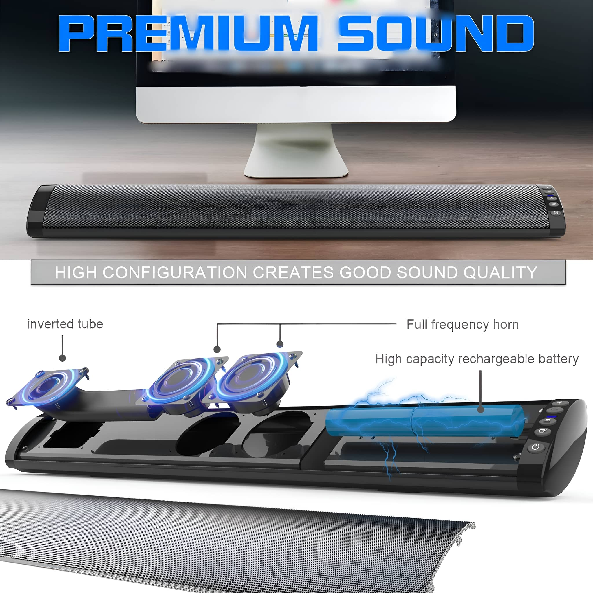 Soundbar mit Text und Diagrammen. Merkmale: Lautsprecher, Akku, Bedienelemente.