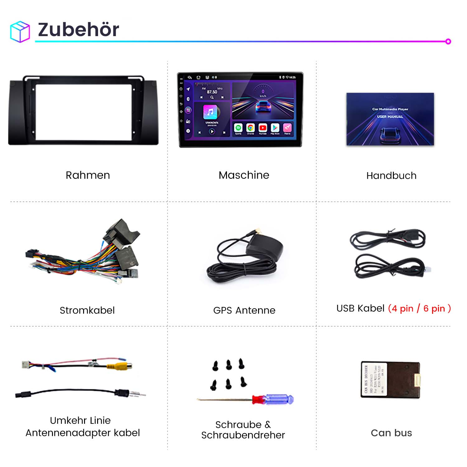 Auto-Audio-Zubehör, darunter Rahmen, Bildschirm, Kabel, Antenne und Schrauben.