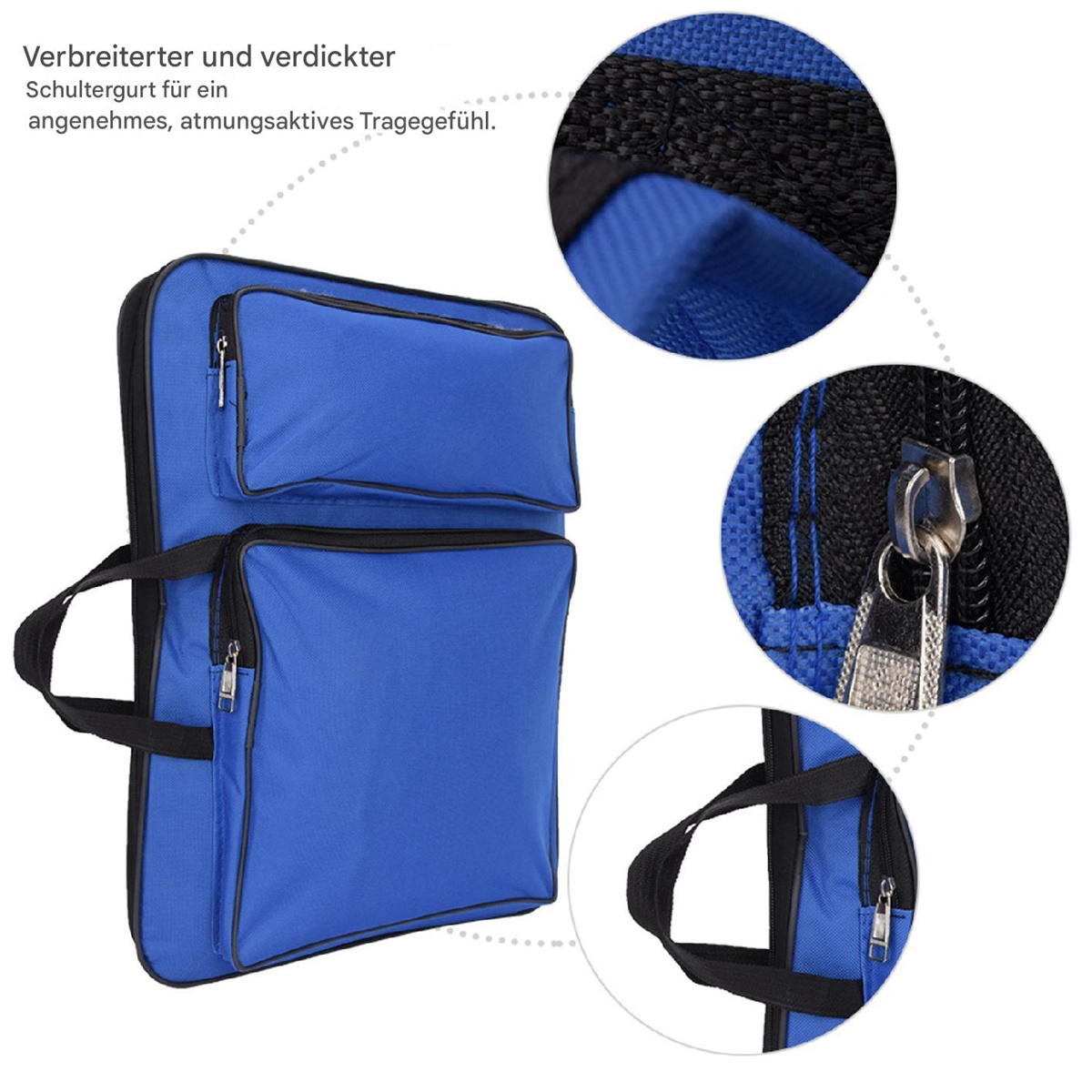 Blaue und schwarze Tasche mit mehreren Fächern und Reißverschluss. Details des Reißverschlusses und Griffs.