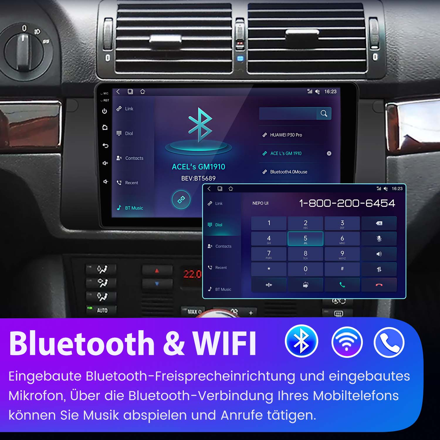 Radio samochodowe z dużym ekranem, pokazującym połączenie Bluetooth i dialer telefoniczny. Wnętrze samochodu.