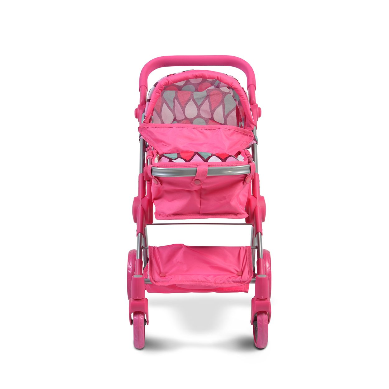 Rosa Spielzeug-Kinderwagen mit Verdeck und Stauraum. Hat Räder.