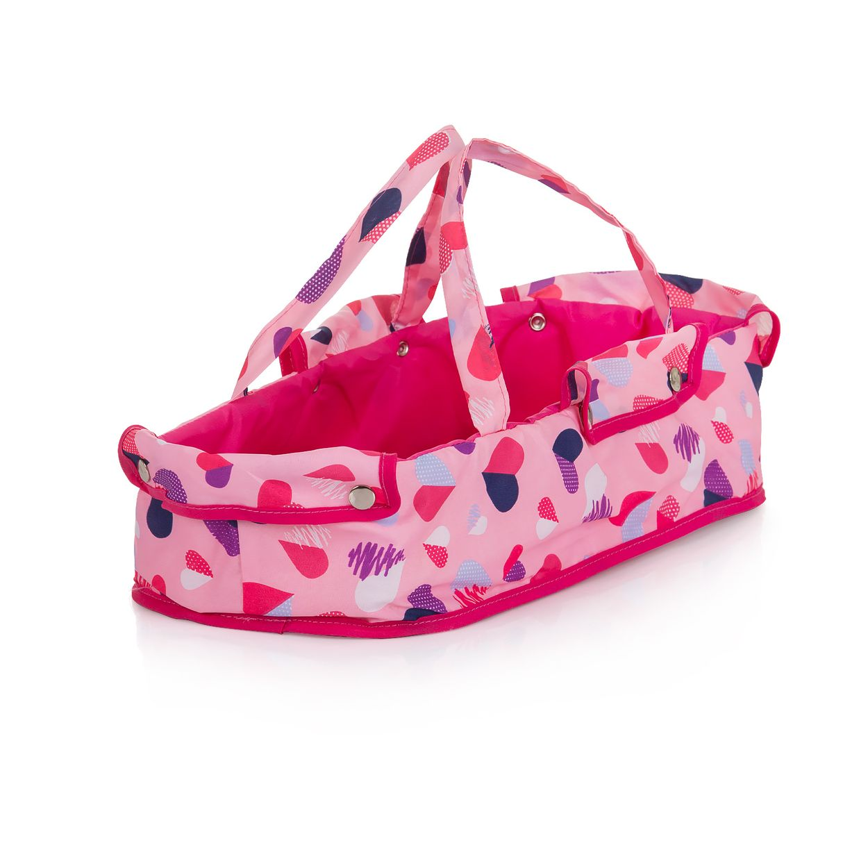 Ein rosa Puppenträger mit Griffen, verziert mit abstrakten bunten Formen auf weißem Untergrund.
