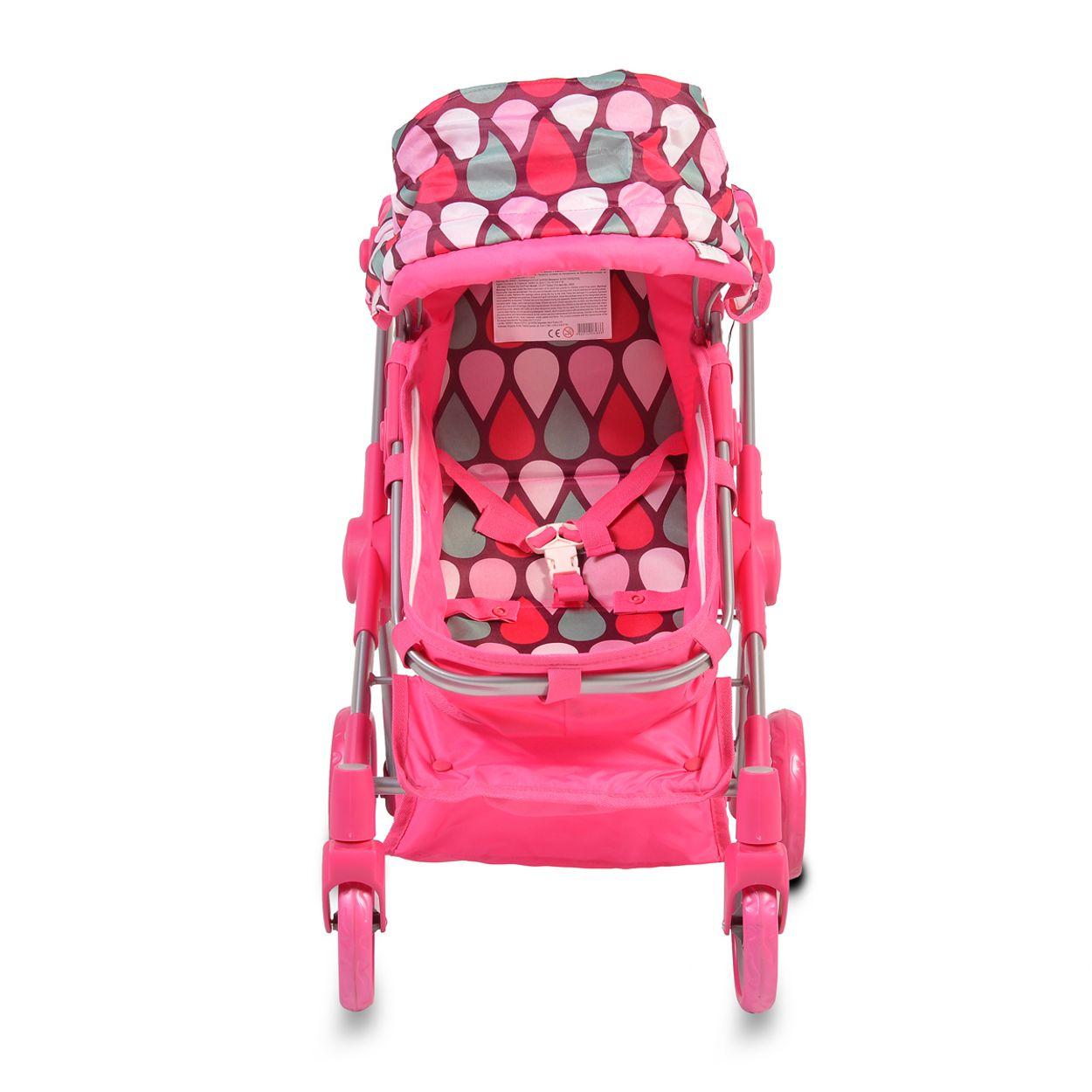 Pinker Puppenwagen mit bunten Mustern und Sonnenschutz. Er steht vor weißem Hintergrund.