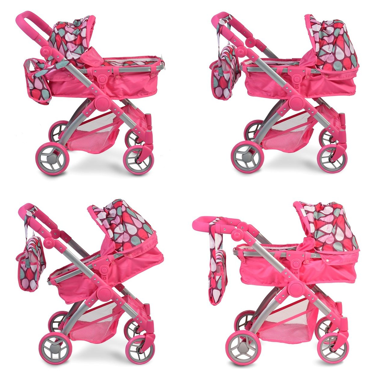 Das Bild zeigt einen rosa Puppenwagen. Vier Blickwinkel werden präsentiert.