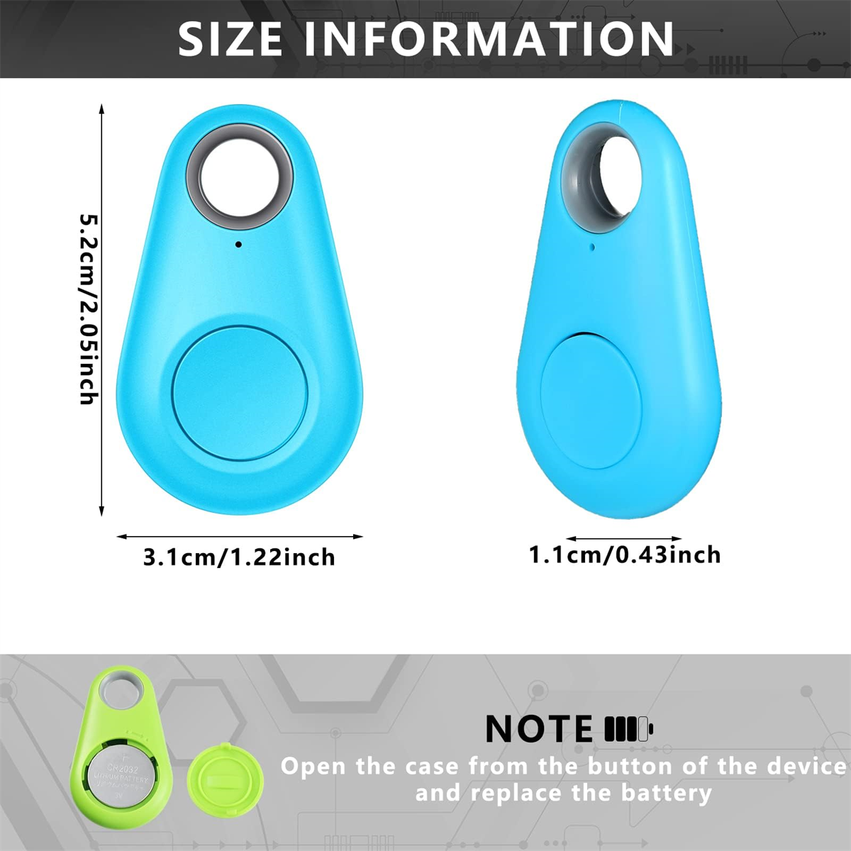 Zwei blaue Schlüsselfinder mit Abmessungen und einer grünen Batterie.