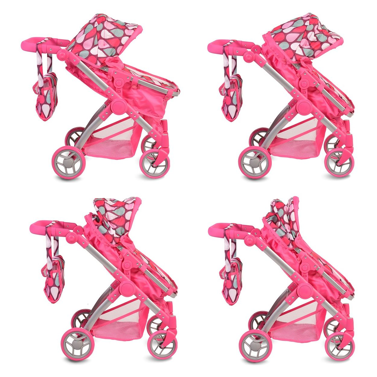 Vier rosa Spielzeug-Kinderwagen in verschiedenen Winkeln, weißer Hintergrund.