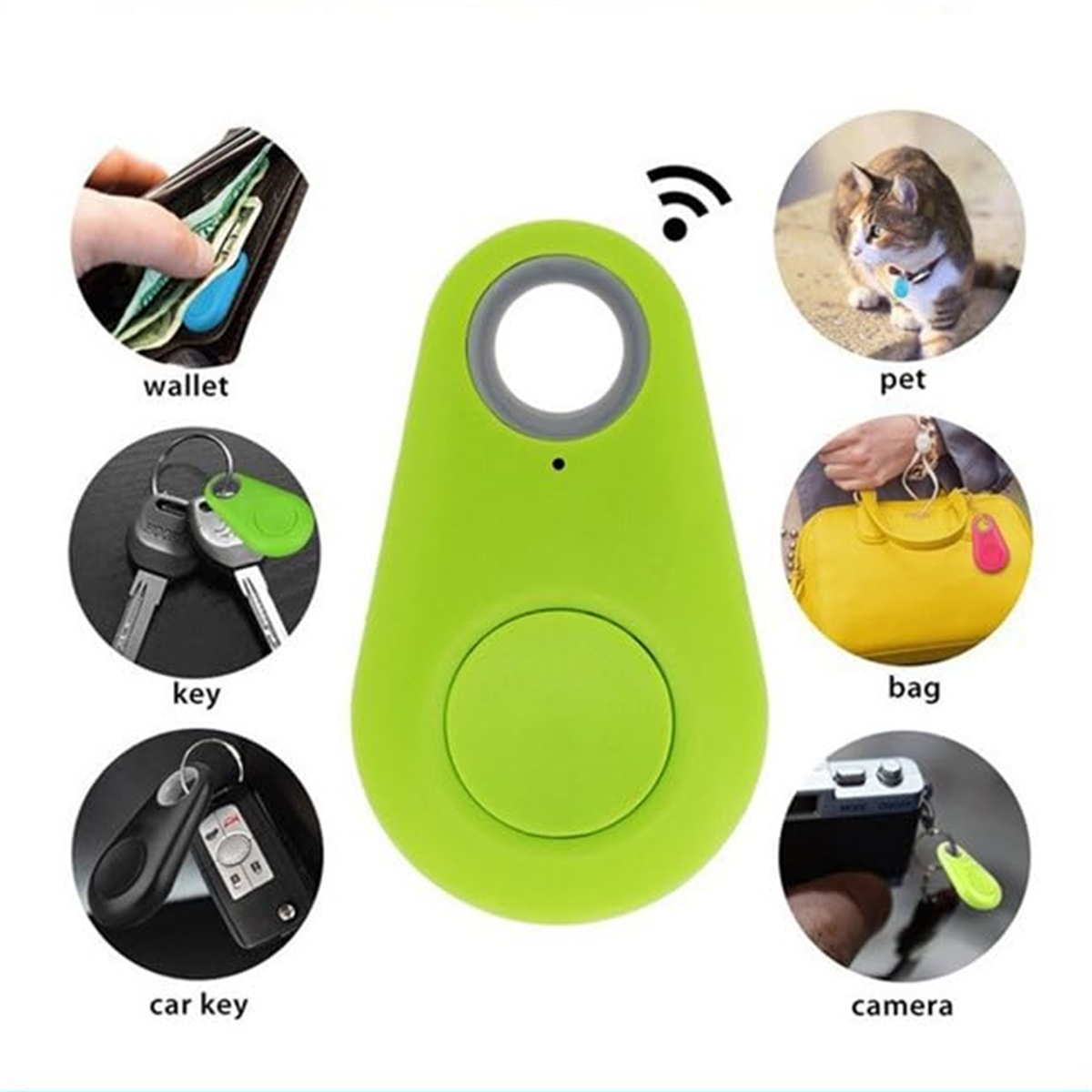 Ein grüner Tracker mit Bildern, die die Verwendung für Geldbörse, Schlüssel, Haustier, Tasche, Autoschlüssel und Kamera zeigen.