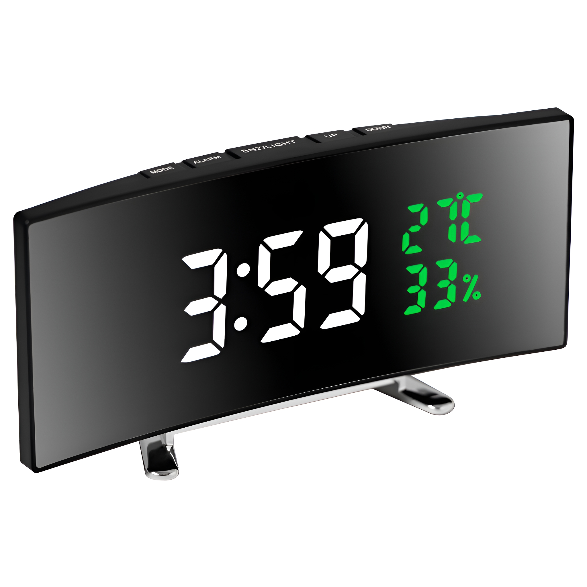 Schwarze Digitaluhr, die 3:59, 27°C und 33 % auf einer schwarzen, gewölbten Oberfläche mit silbernen Beinen anzeigt.