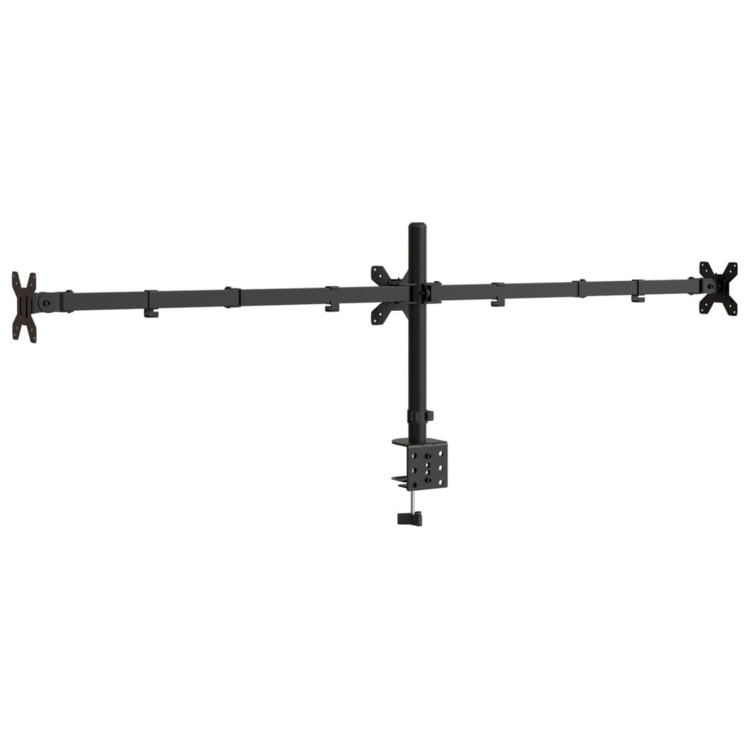 Ein schwarzer Monitorarm mit zwei horizontal ausgerichteten Armen auf weißem Hintergrund.