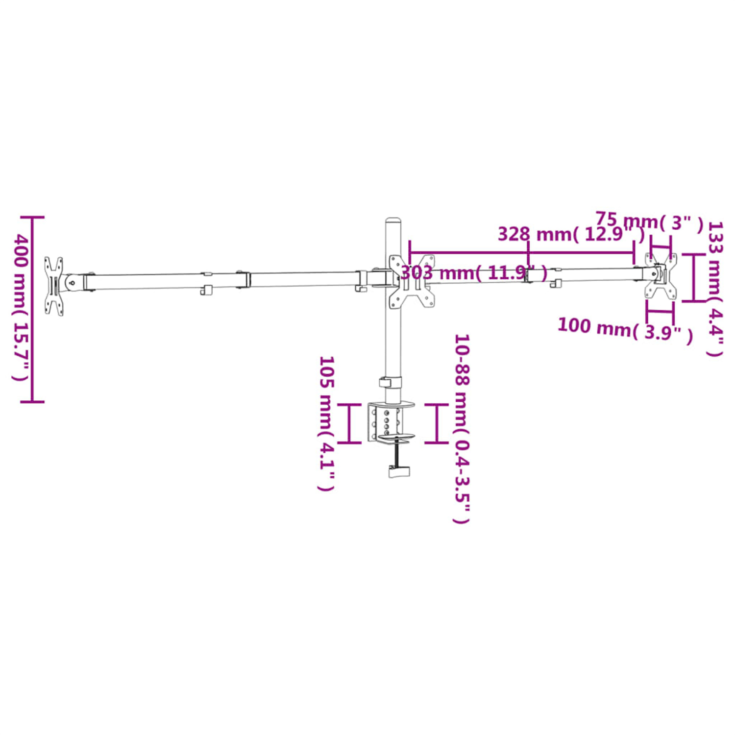 Ein Diagramm mit Abmessungen für einen Monitorarm. Der Monitorarm ist schwarz und silberfarben.