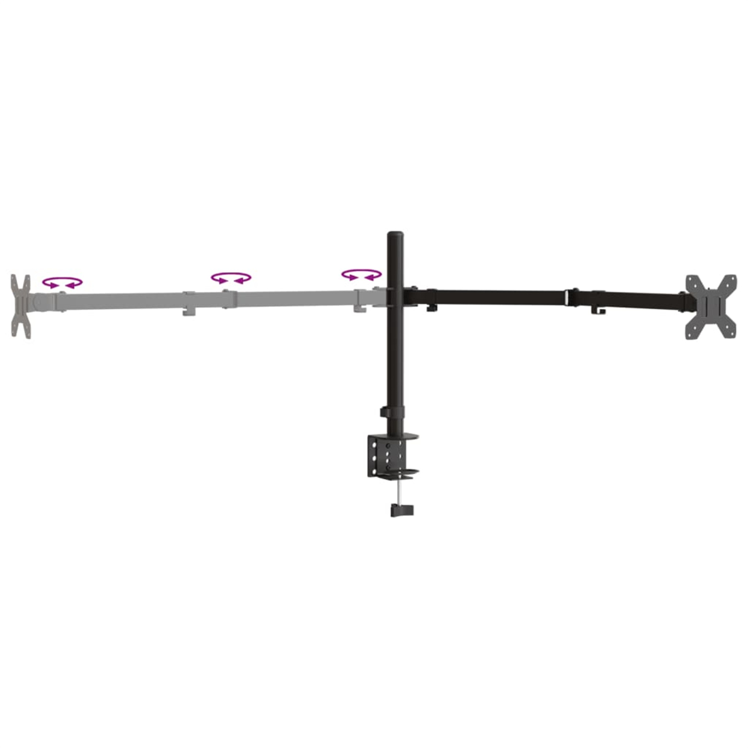 Ein Monitorarm mit zwei Bildschirmen. Der Arm ist schwarz und hat verstellbare Gelenke.