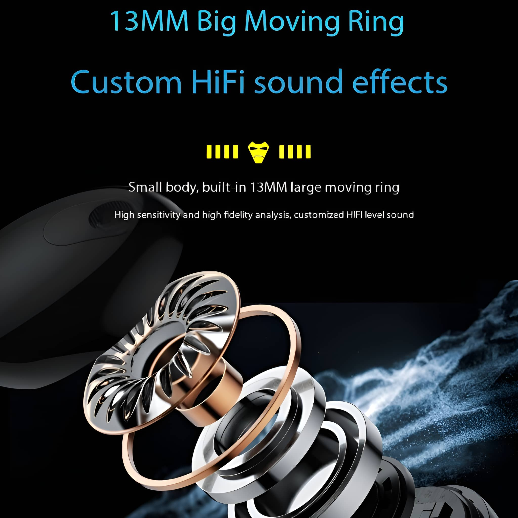Kopfhörer mit Text 'Custom HiFi sound effects'. Enthält interne Teile.