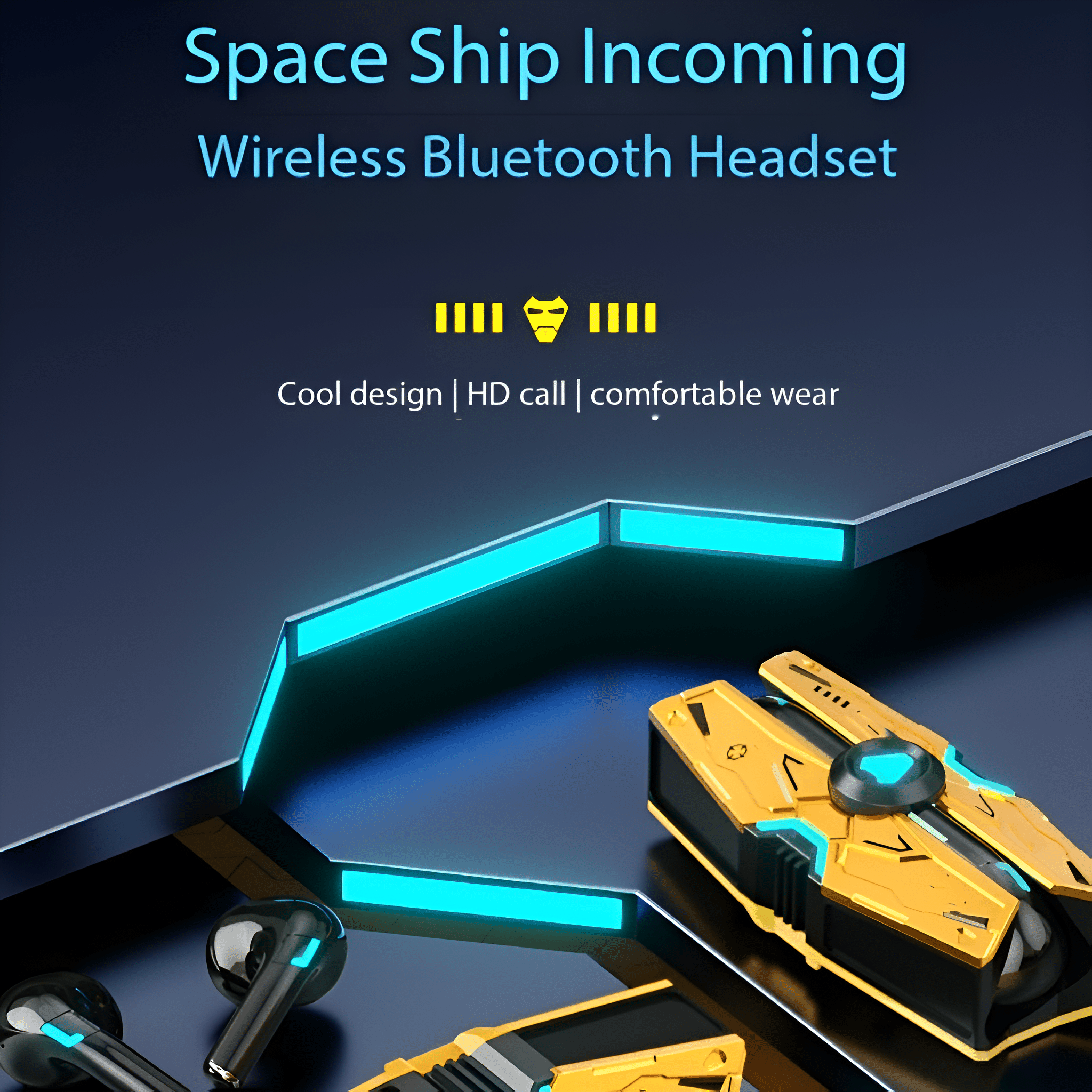Headset mit gelb-schwarzem Design. Text: Space Ship Incoming. Wireless Bluetooth Headset.