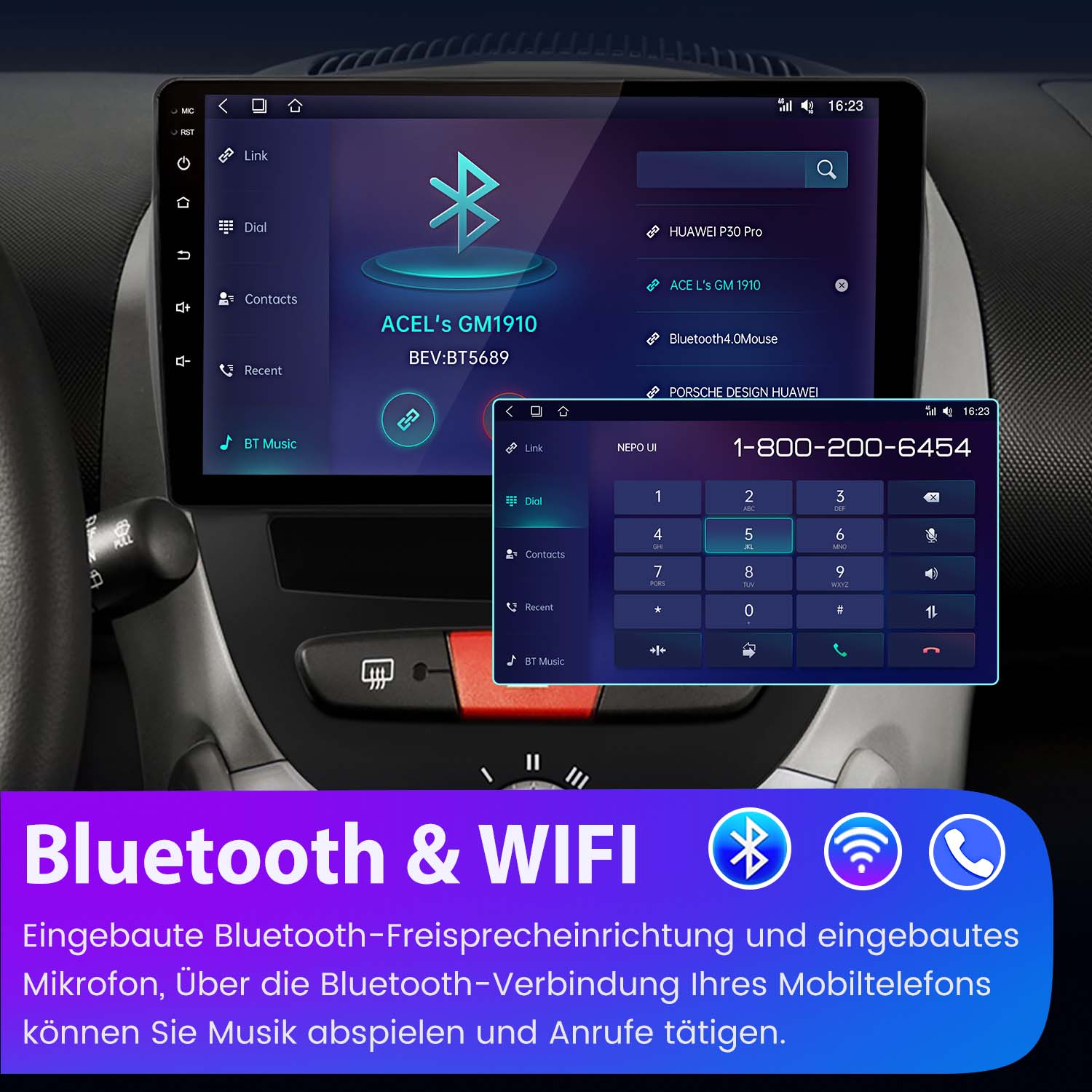 Ekran multimedialny samochodu z dialerem telefonicznym i funkcjami Bluetooth. Ma interfejs.