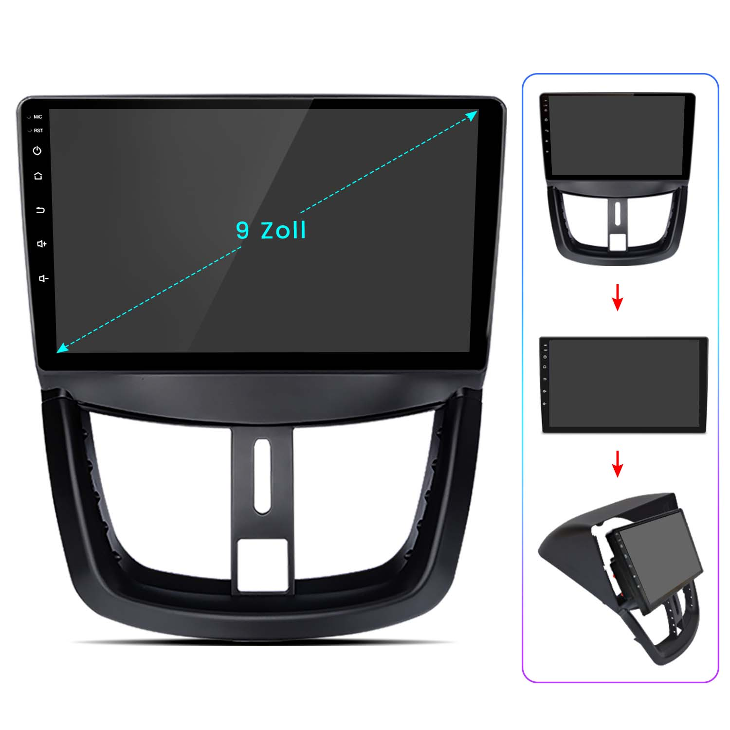 Autoradio-Bildschirm mit 9-Zoll-Display. Zeigt die Installationsteile in einem Diagramm.