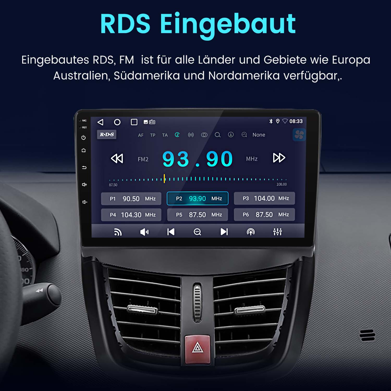 Ein Autoradio-Bildschirm mit Radiofrequenz und Einstellungen. Das Radio befindet sich im Armaturenbrett.