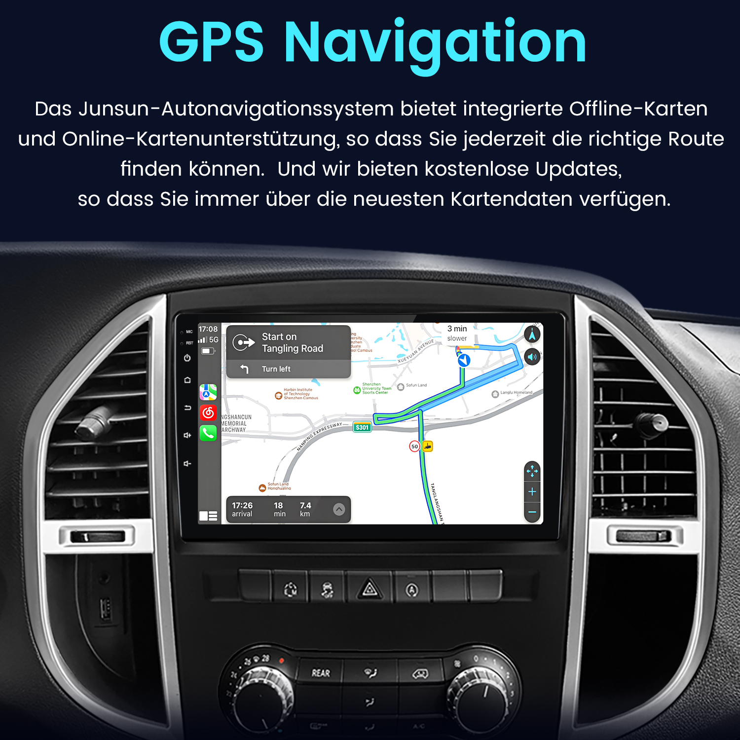 Armaturenbrett eines Navigationssystems, das eine Karte und Routenführung zeigt. Der Bildschirm zeigt die Route.