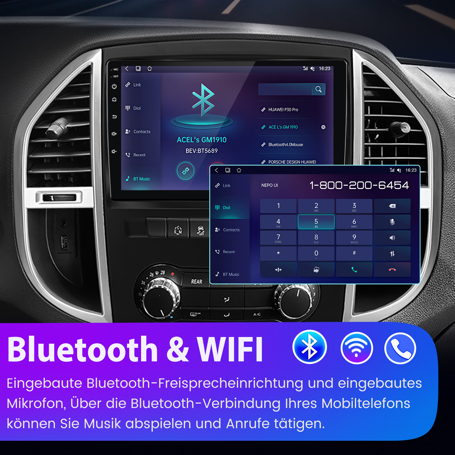Auto-Infotainment-Systembildschirm mit Bluetooth- und WiFi-Optionen, mit Ziffernblock.