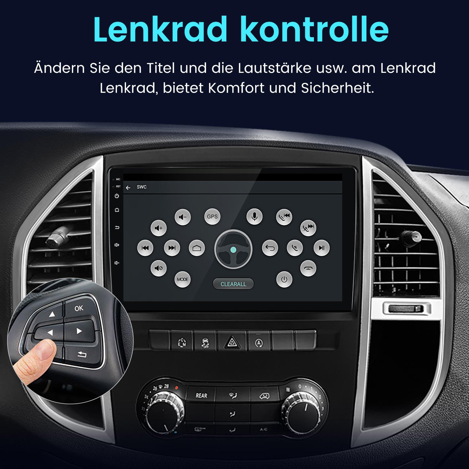Auto-Armaturenbrett mit großem Bildschirm. Hand berührt Lenkradtaste.
