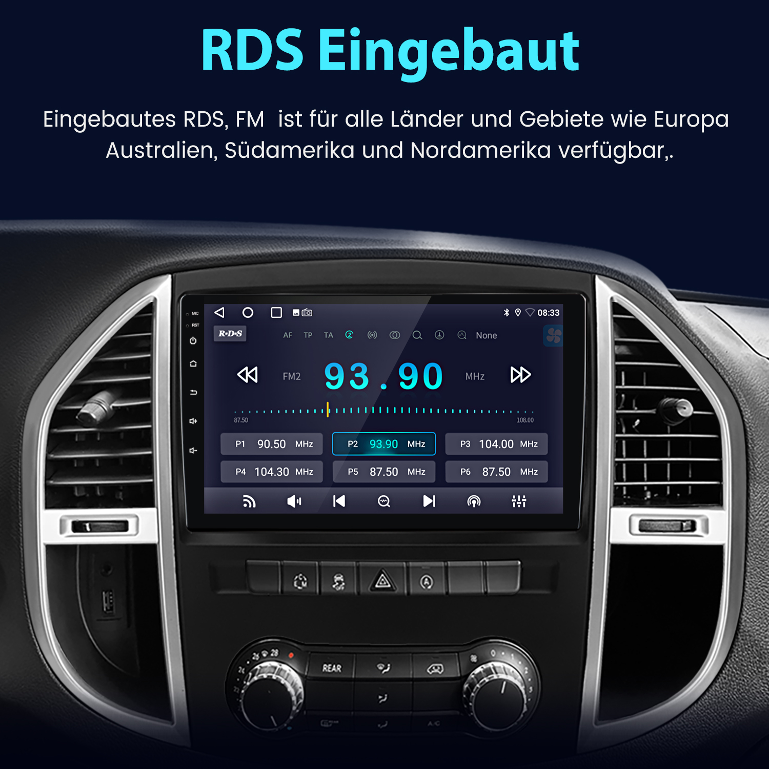 Bildschirm des Auto-Multimediasystems, der FM-Radioinformationen anzeigt. Er zeigt Frequenz- und Senderdetails.