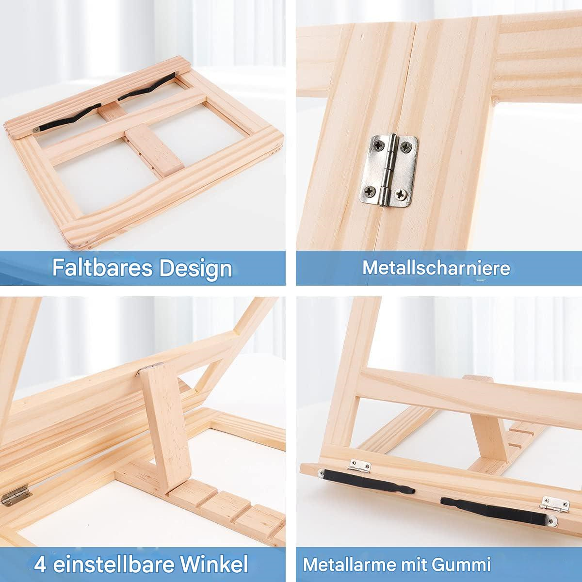Laptopständer aus Holz, gefaltet und entfaltet, mit verstellbaren Winkeln und Metallscharnieren.