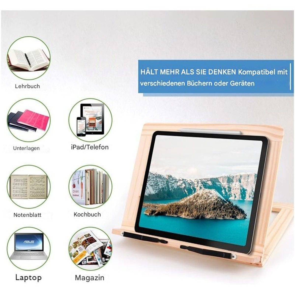 Ein Holzständer, der ein Tablet hält, umgeben von Büchern und Geräten.