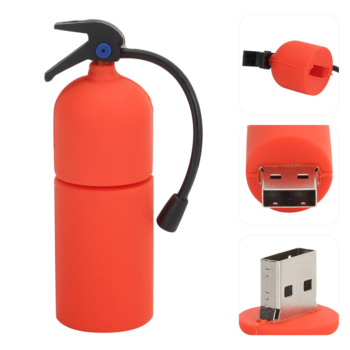 Roter USB-Stick in Form eines Feuerlöschers, mit schwarzer Düse und separatem USB-Anschluss.