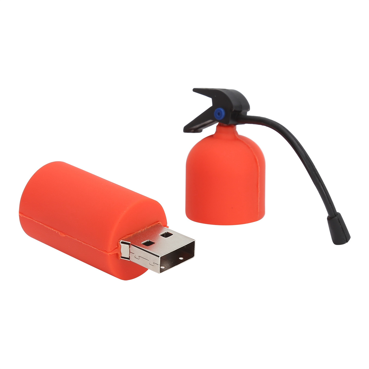 Oranger USB-Stick, der einem Feuerlöscher ähnelt, mit schwarzer Düse. Weißer Hintergrund.