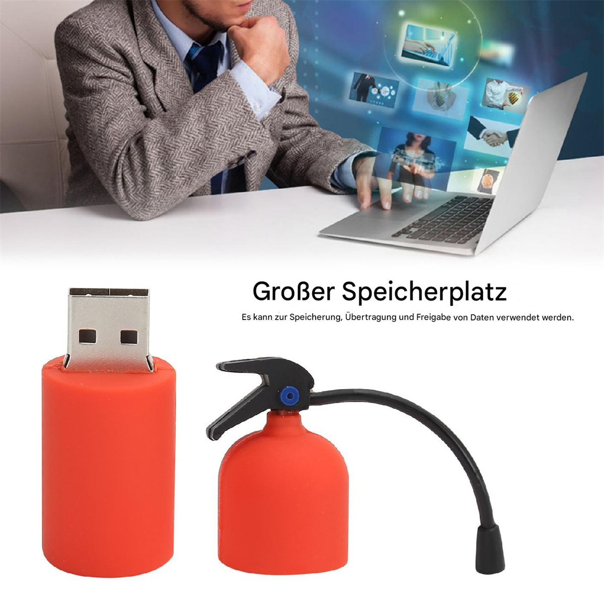 USB-Stick in Form eines Feuerlöschers neben einem Laptop und einer Person.