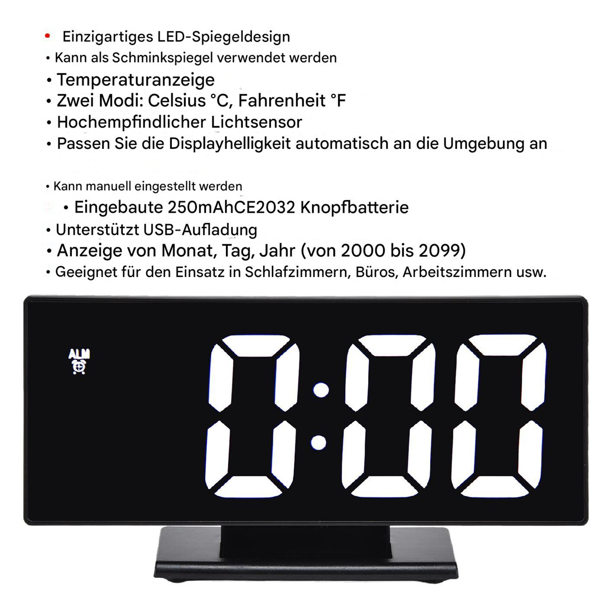 Ein schwarzer digitaler Wecker zeigt 0:00 an. Weiße Ziffern auf schwarzem Bildschirm. Funktionen sind links gelistet.