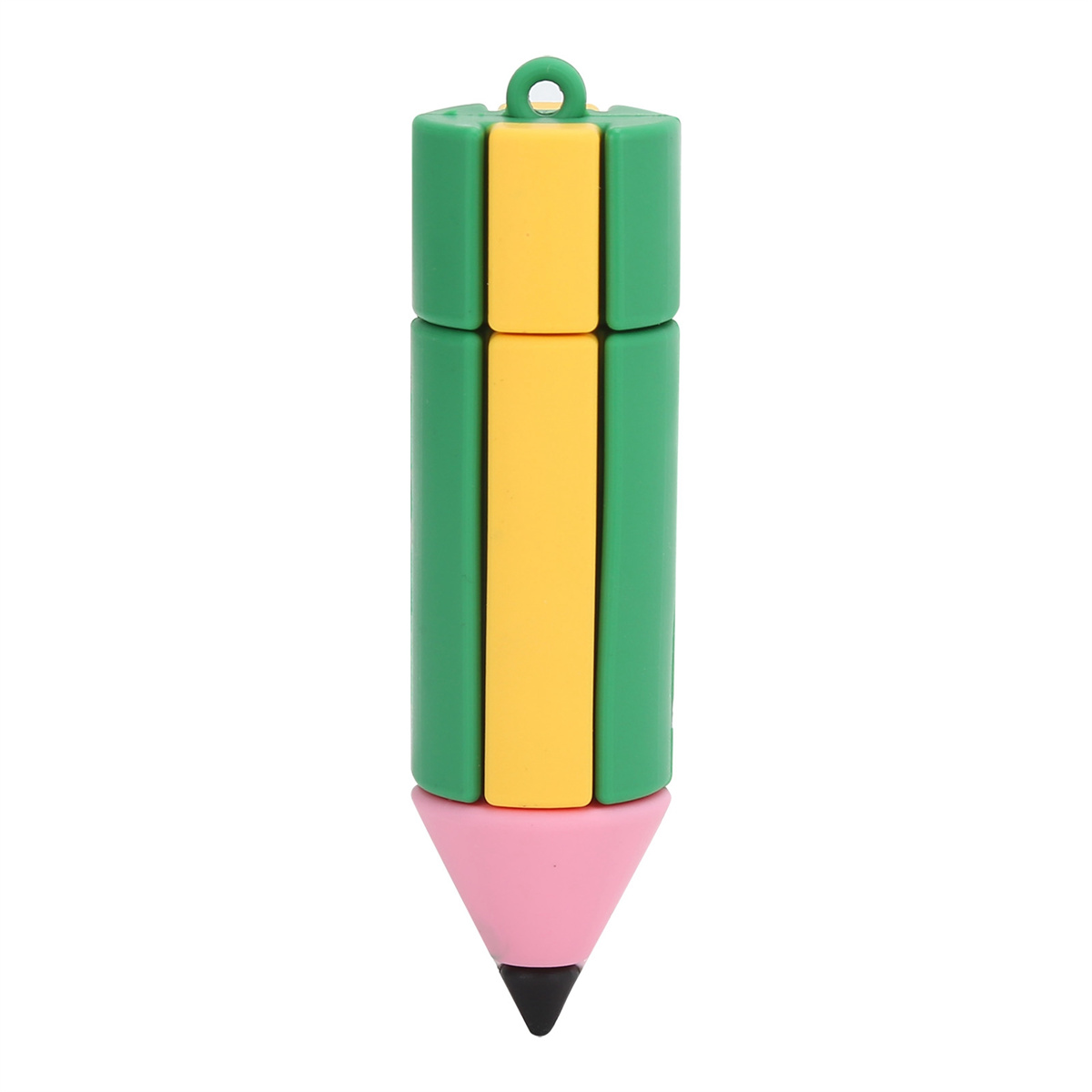 Ein USB-Stick in Bleistiftform. Der Körper ist grün und gelb, und der Radiergummi ist rosa mit schwarzer Spitze.