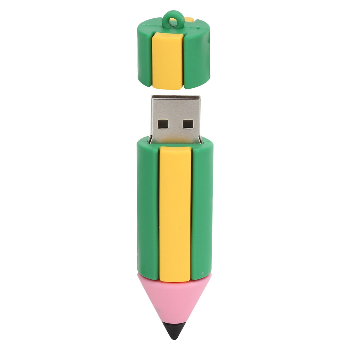 Ein grün, gelb und rosa bleistiftförmiger USB-Stick. Es ist auf weißem Hintergrund.