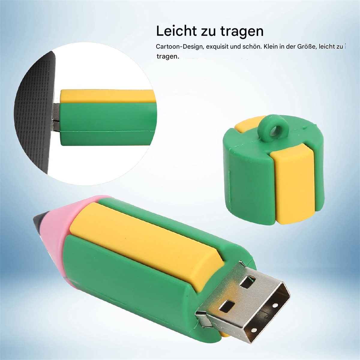 Bleistiftförmiger USB-Stick, grün, gelb, rosa, mit USB-Anschluss.