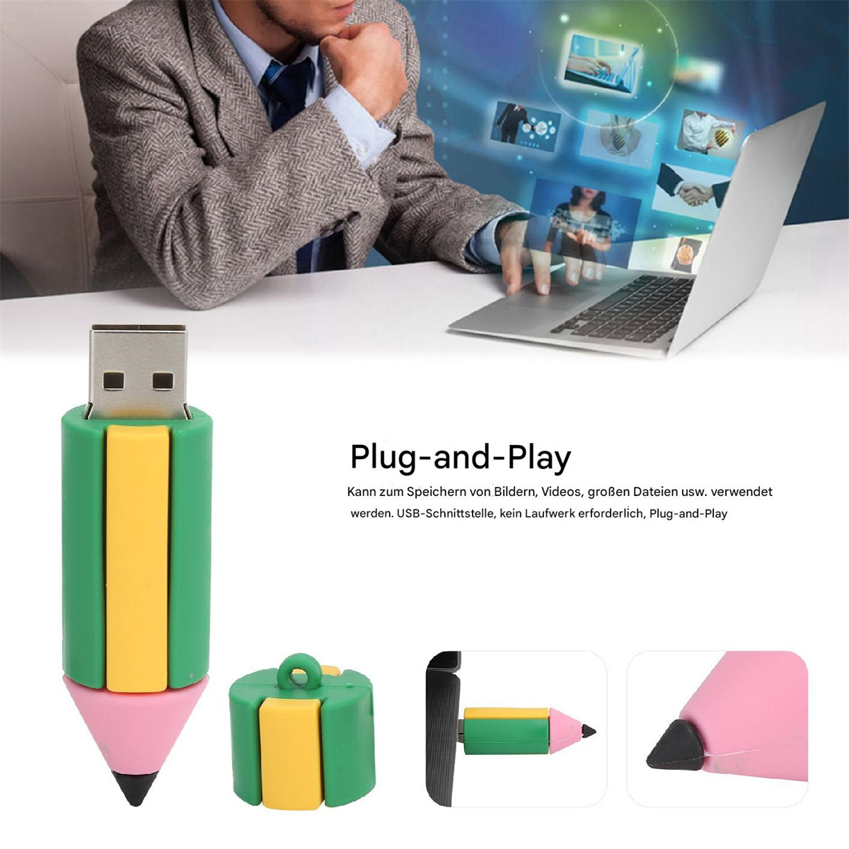 Ein USB-Laufwerk in Form eines Bleistifts mit grünem, gelbem und rosa Design. Zusätzliche Ansichten werden gezeigt.