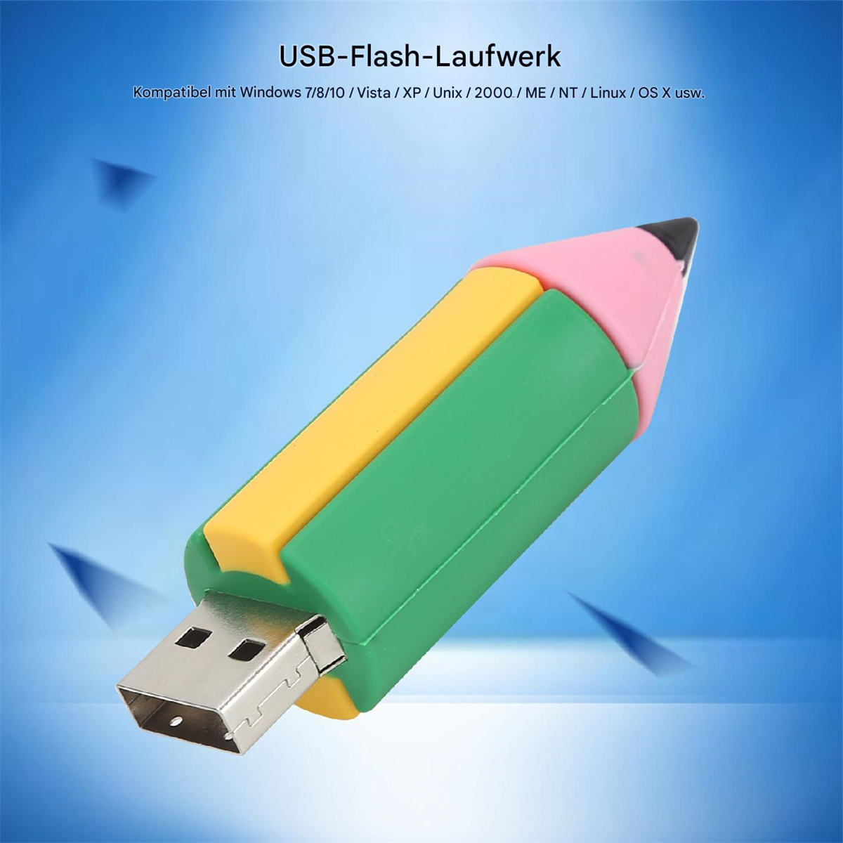 Ein bunter USB-Stick in Form eines Bleistifts. Er ist gelb, grün und rosa mit einem Metall-USB-Anschluss.