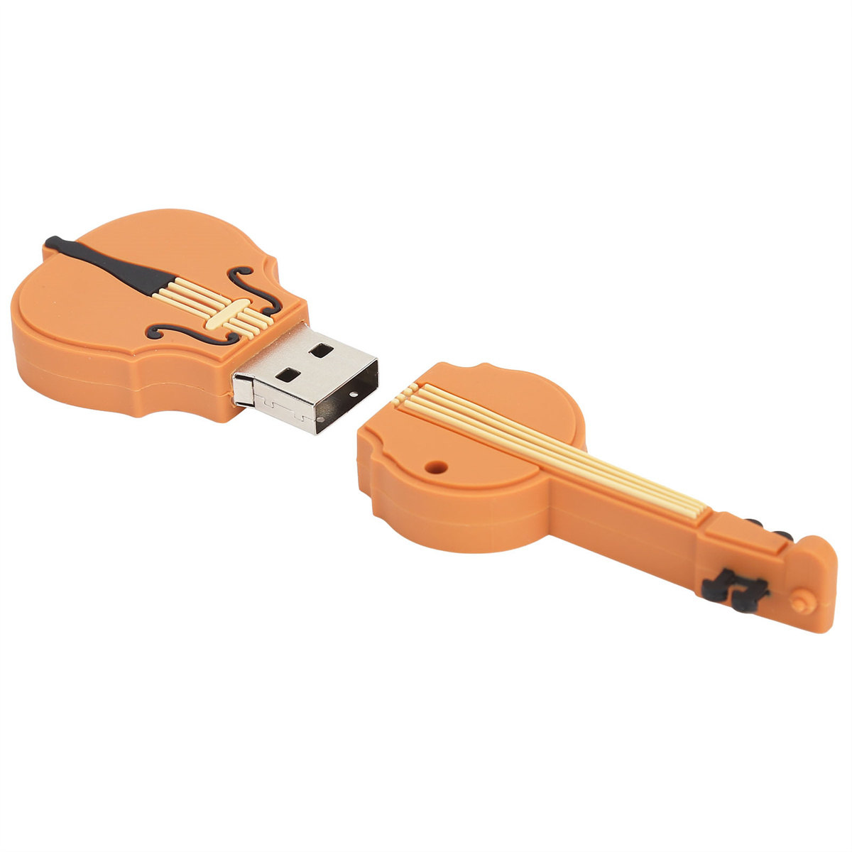 Oranger USB-Stick in Geigenform, in zwei Teile geteilt für den USB-Anschluss.