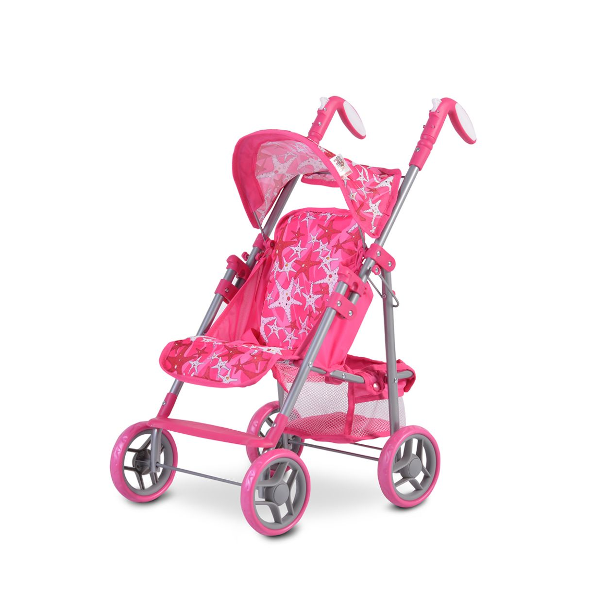 Ein rosa Puppenwagen mit weißen Sternen. Er hat vier Räder und ein Verdeck.
