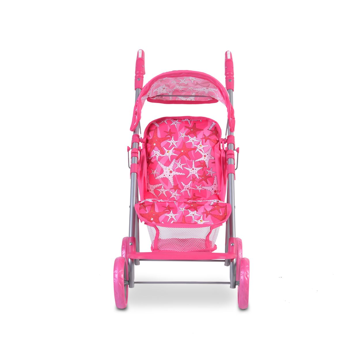 Ein rosa Spielzeug-Kinderwagen. Weißer Hintergrund.