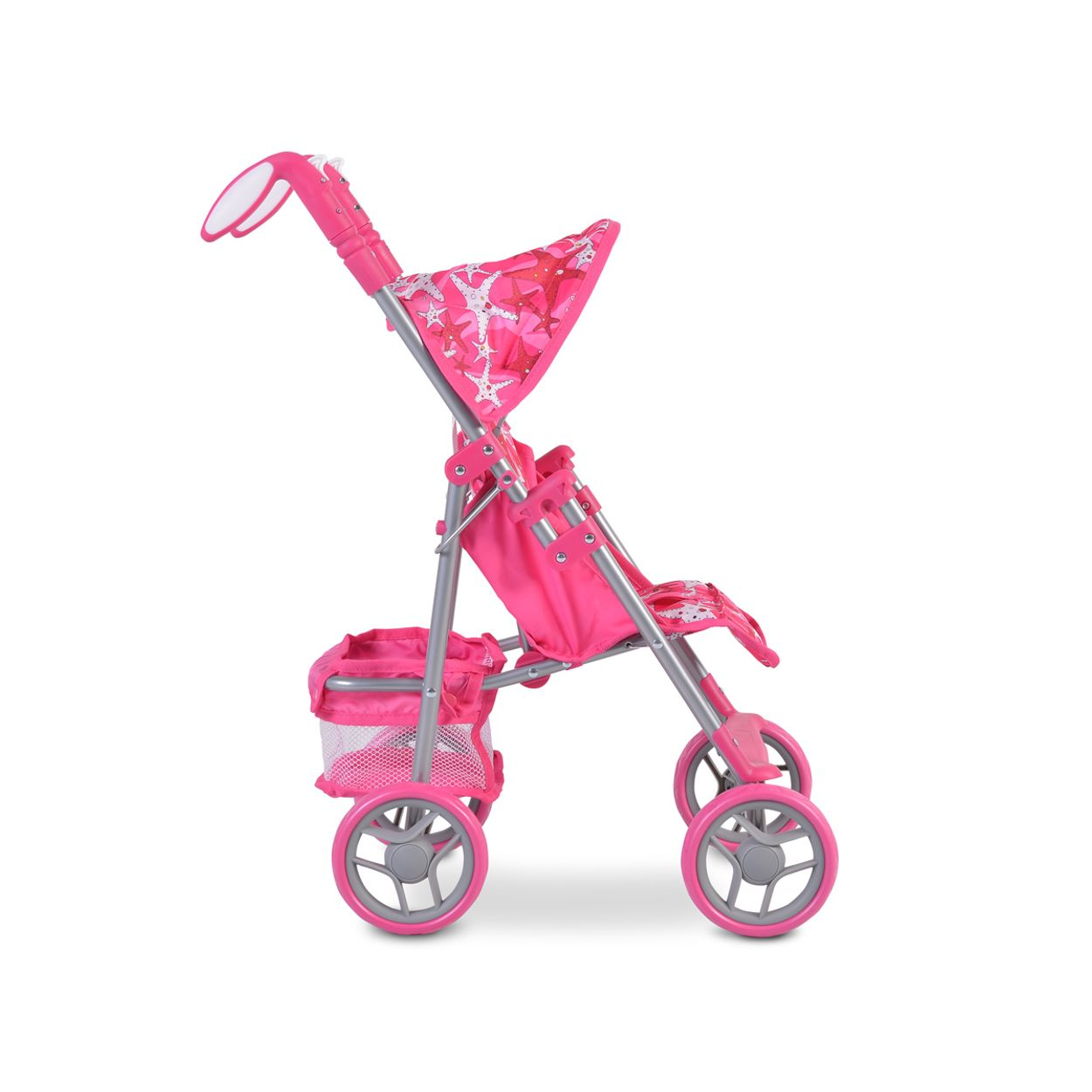 Rosa Puppenwagen mit Korb, Verdeck und grauen Rädern auf weißem Hintergrund.