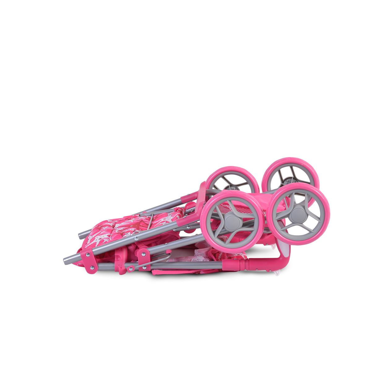 Gefalteter rosa Kinderwagen auf weißem Hintergrund, Räder sichtbar.