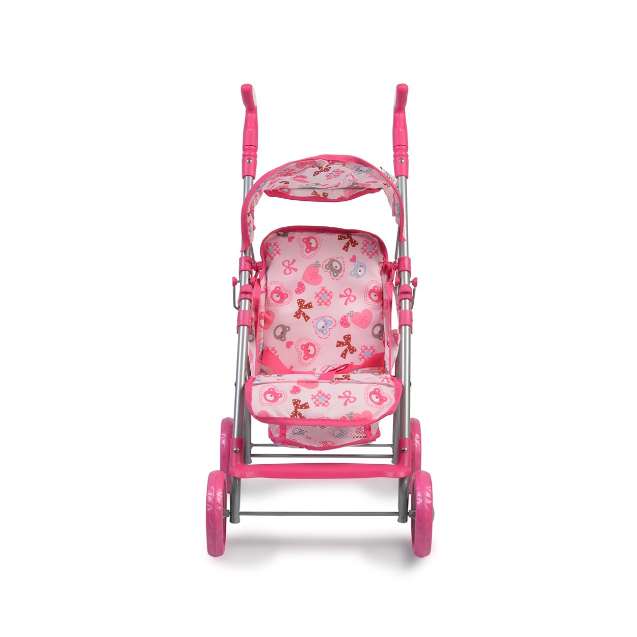 Ein rosa und silberner Puppenwagen mit Sonnenschutz, von vorne gesehen.