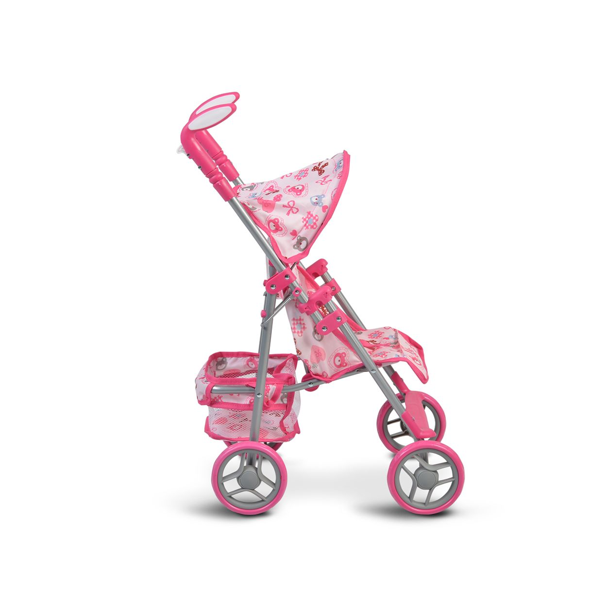 Ein rosa-weißer Spielzeug-Kinderwagen auf weißem Hintergrund, von der Seite betrachtet.