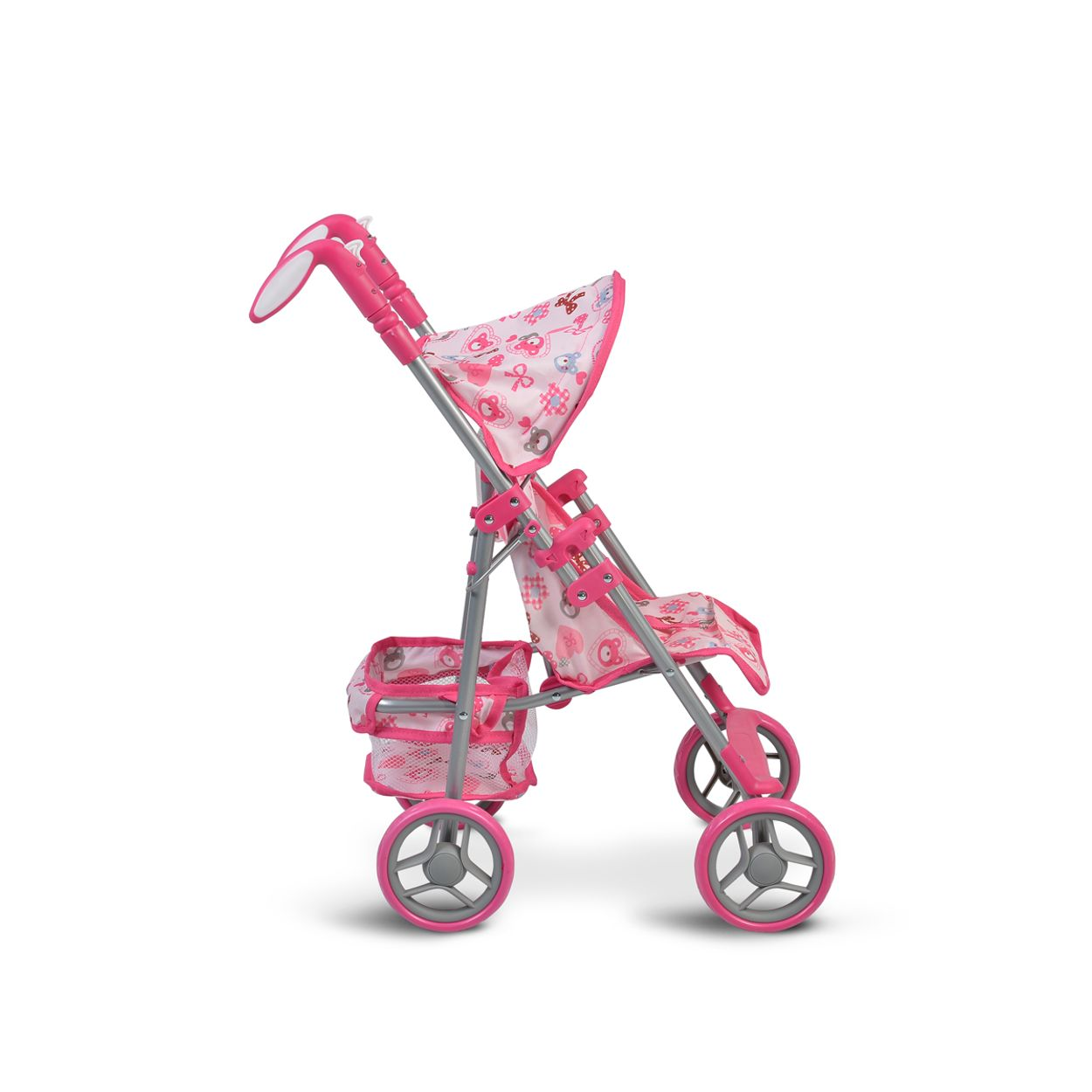 Ein rosa Spielzeug-Kinderwagen mit Verdeck, Korb und vier Rädern.