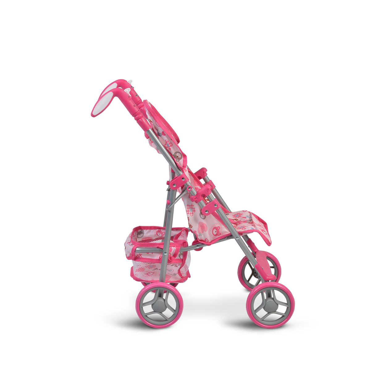 Ein rosa Kinderwagen mit Korb und floralem Muster.