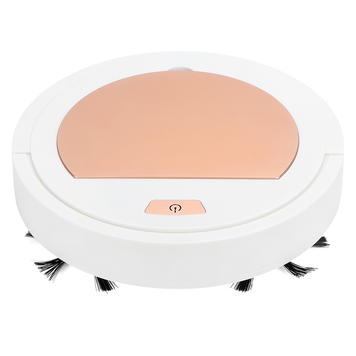 Ein weißer Roboter-Staubsauger mit roségoldener Oberseite und schwarzen Bürsten.