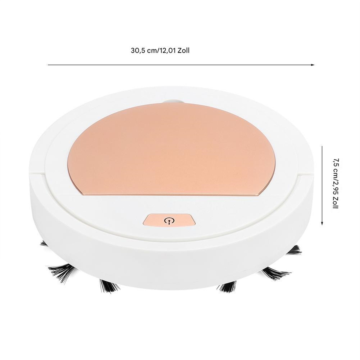 Ein weißer und roségoldener Roboter-Staubsauger mit Bürsten und runder Form.