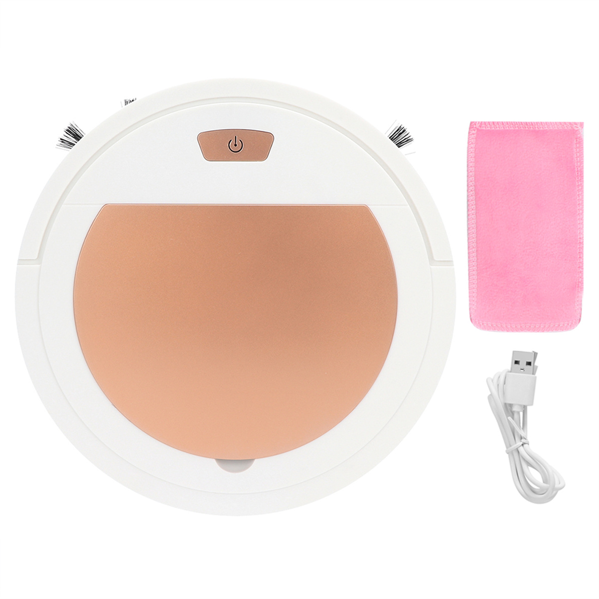 Weißer und goldener Roboter-Staubsauger und ein rosa Putztuch. Draufsicht.