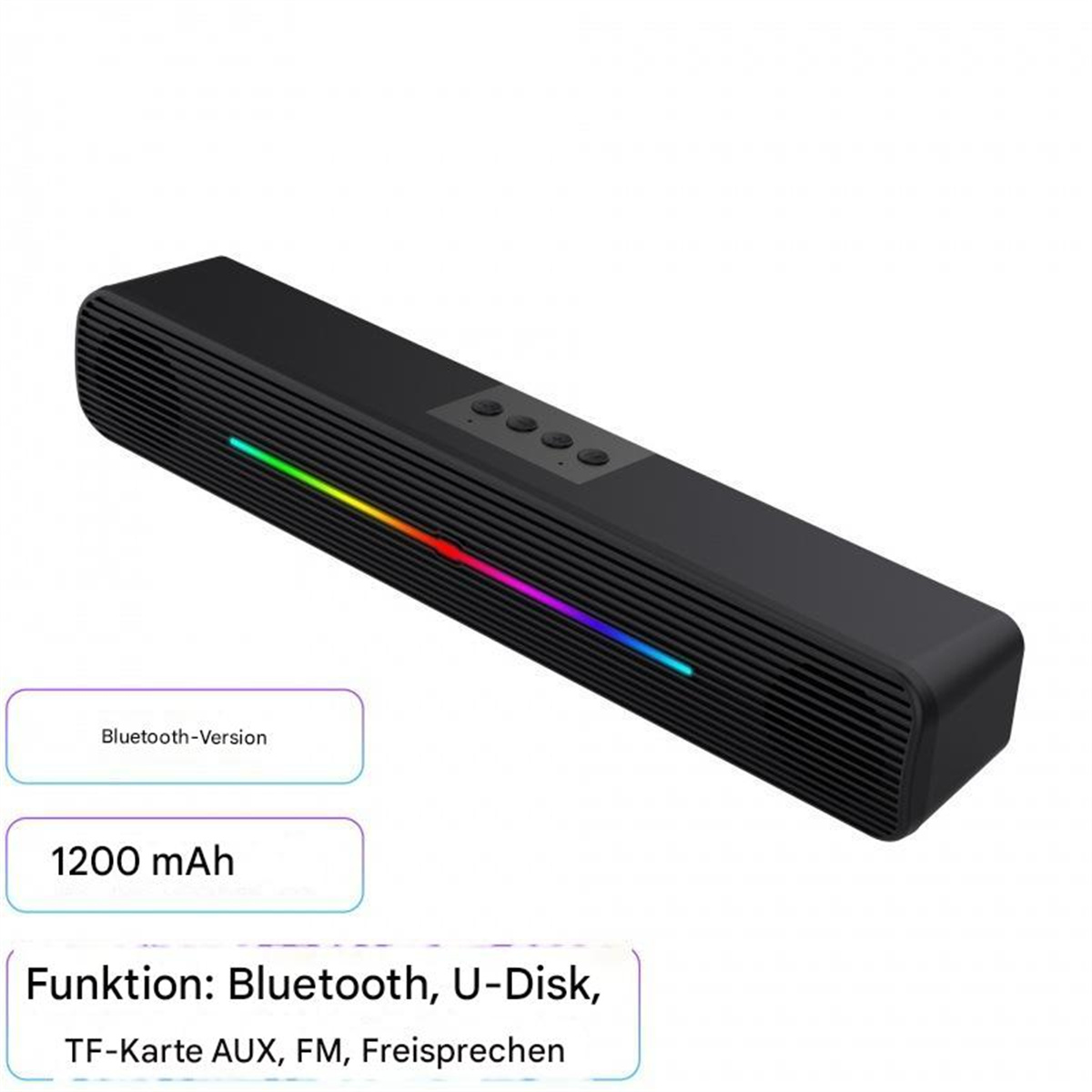 Schwarzer rechteckiger Bluetooth-Lautsprecher mit farbigem Lichtstreifen und Bedientasten.