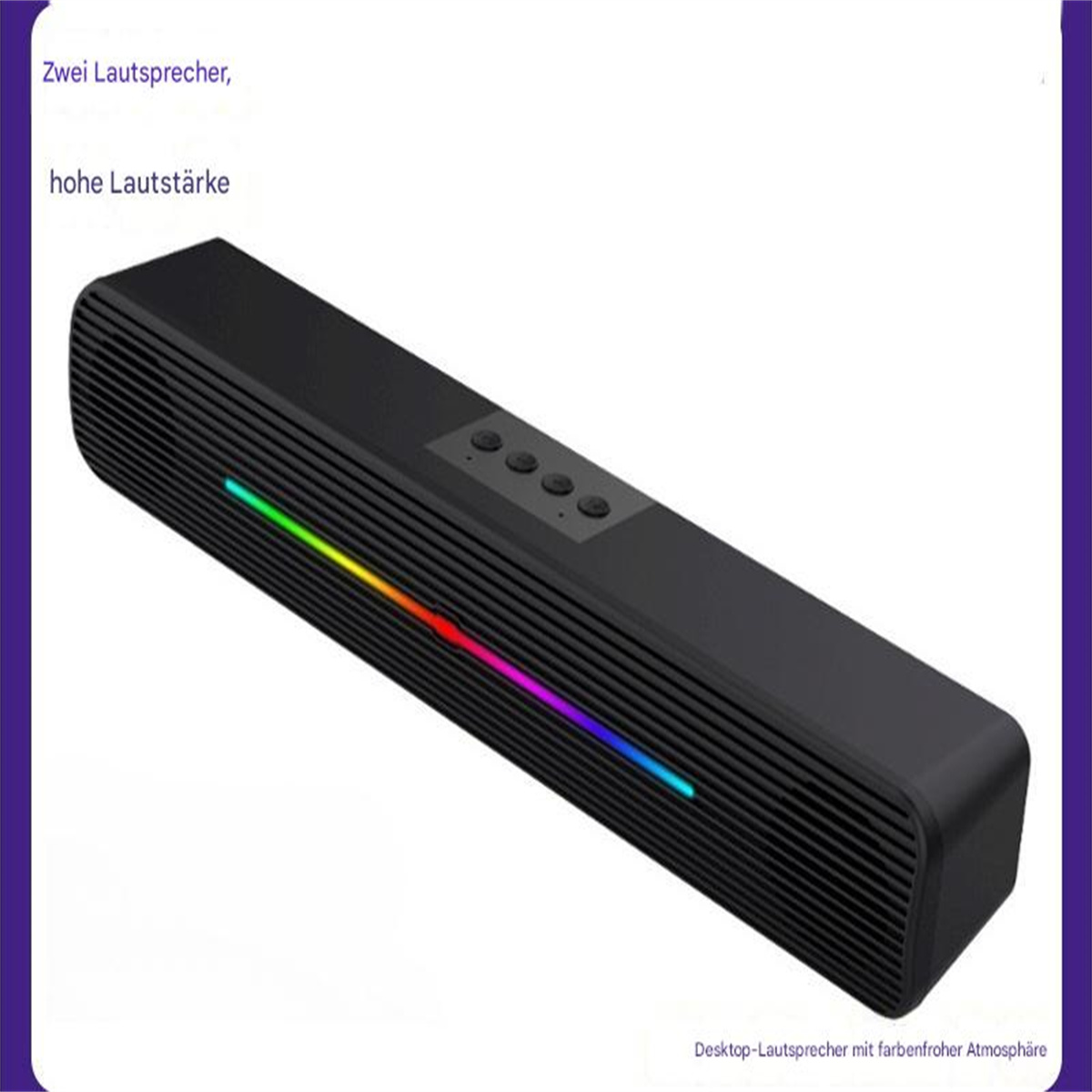 Eine schwarze Soundbar mit bunten Lichtern und Bedientasten. Isoliert auf einem blau-lila Hintergrund.