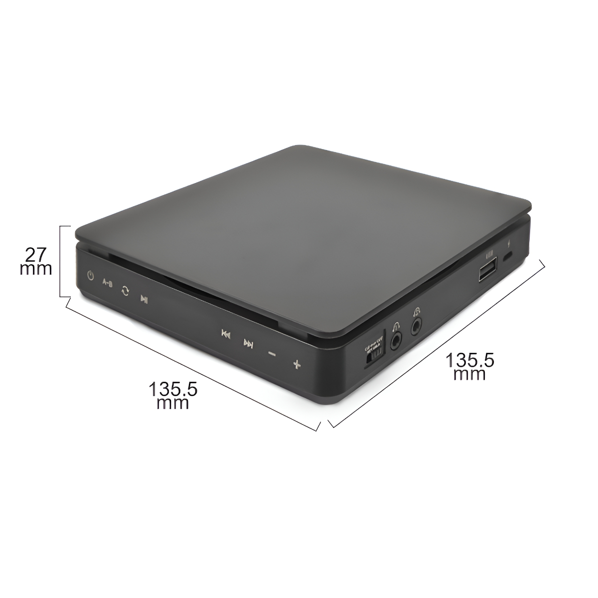 Eine schwarze Box mit Maßen. Hat Knöpfe und Anschlüsse. Misst 135,5 mm x 135,5 mm x 27 mm.